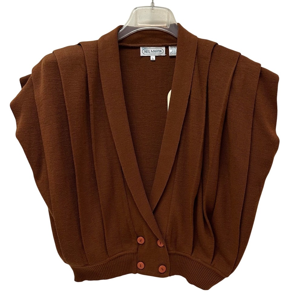 Neil Martin Vintage 80s Sable Brown Pleated Shoulder Knit Vest Top Size L 8002